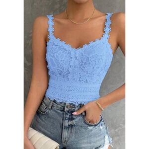 Blue Eyelet Lace Embroidered Shirred Back Spaghetti Strap Crop Tank Top Sz 2